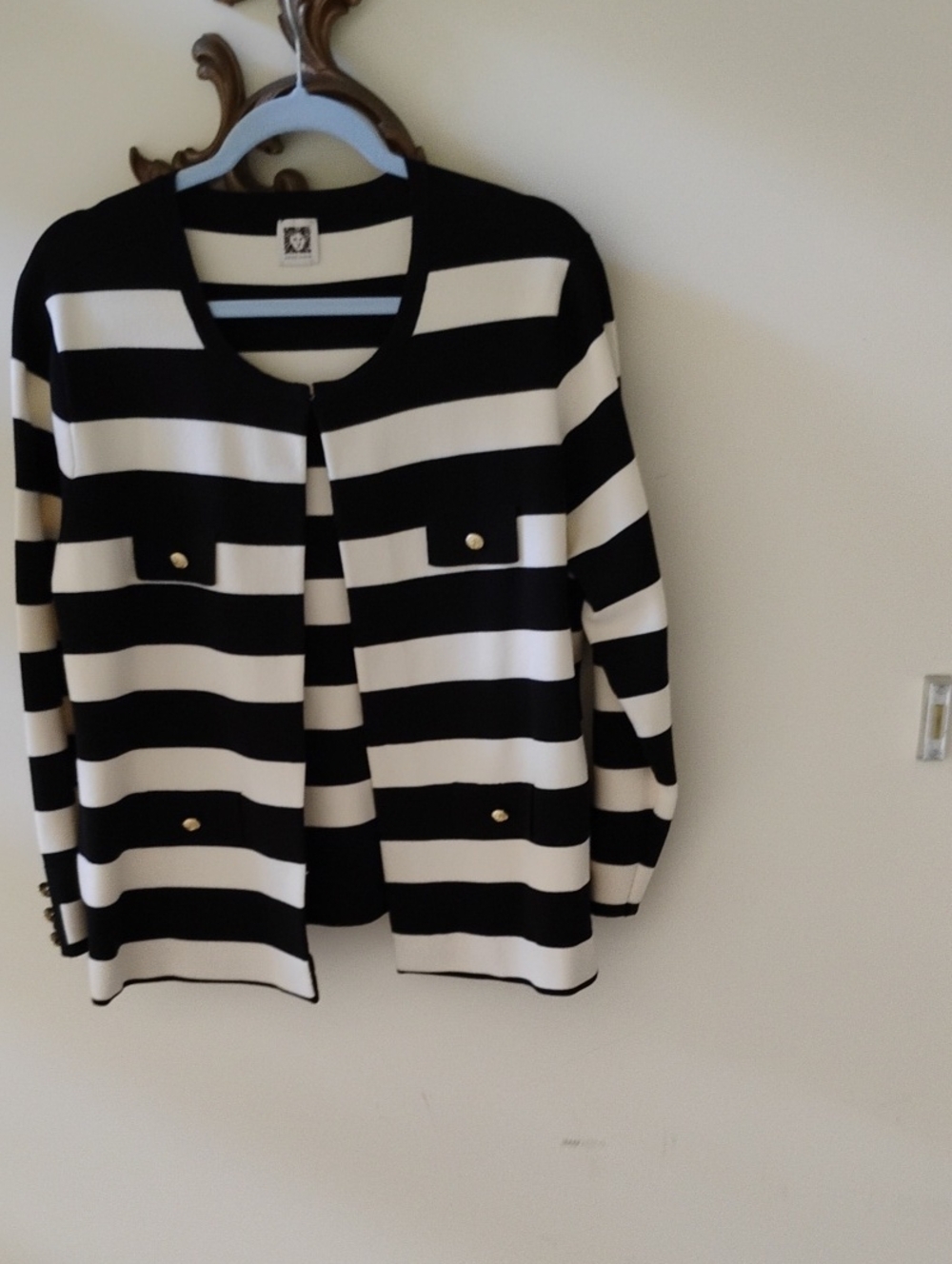 Anne Klein Black and White Striped Knit Top with Lion Logo